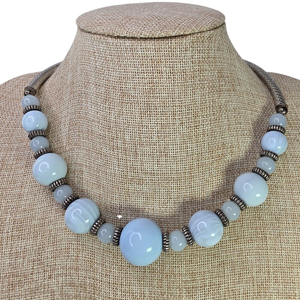Vintage Necklace Baby Blue w/ Silver Tone Beaded 18 Inch